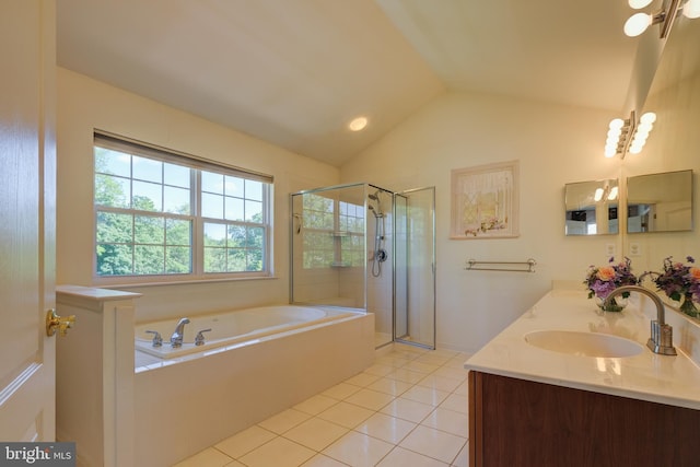 5 Pierce Rd, East Windsor, NJ 08520 - bathroom featuring a bath, double vanity, a shower stall, tile patterned flooring, and vaulted ceiling