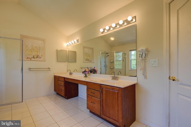 5 Pierce Rd, East Windsor, NJ 08520 - bathroom featuring lofted ceiling, a stall shower, double vanity, tile patterned flooring, and baseboards