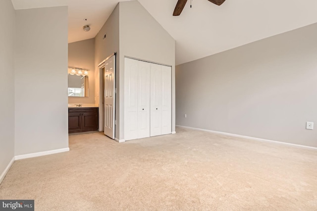 8385 Montgomery Run Rd Unit G, Ellicott City, MD 21043 - unfurnished bedroom with light carpet, baseboards, high vaulted ceiling, ensuite bathroom, and a closet