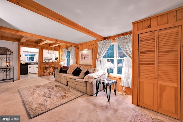 210 Pennsylvania Ave, Mount Gretna, PA 17064 - living room with beamed ceiling, wood walls, and light colored carpet