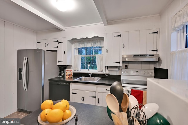 210 Pennsylvania Ave, Mount Gretna, PA 17064 - kitchen with under cabinet range hood, a sink, dark countertops, stainless steel fridge with ice dispenser, and black dishwasher