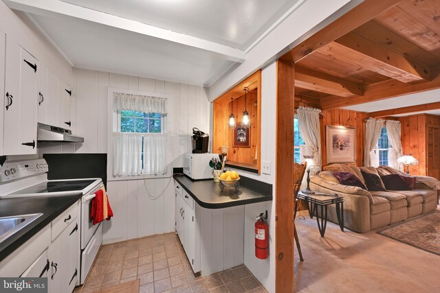210 Pennsylvania Ave, Mount Gretna, PA 17064 - kitchen featuring white appliances, under cabinet range hood, wooden walls, beam ceiling, and healthy amount of natural light
