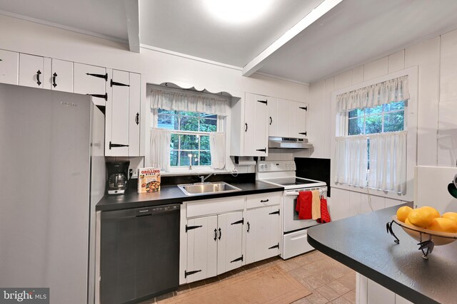 210 Pennsylvania Ave, Mount Gretna, PA 17064 - kitchen featuring freestanding refrigerator, dishwasher, white range with electric cooktop, a sink, and under cabinet range hood