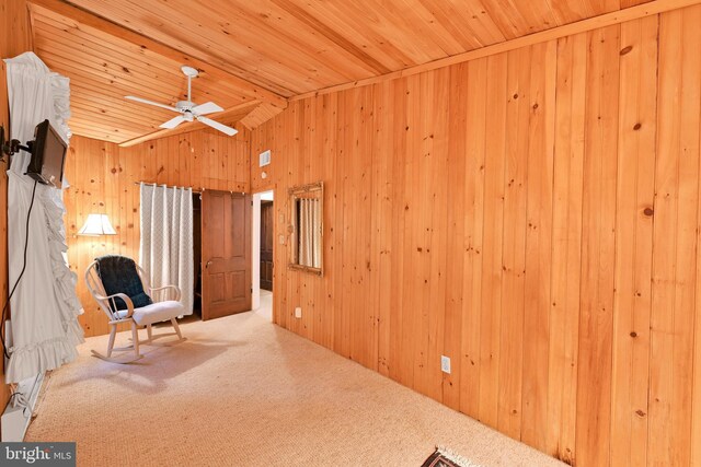 210 Pennsylvania Ave, Mount Gretna, PA 17064 - unfurnished room featuring lofted ceiling, wood walls, carpet flooring, wood ceiling, and ceiling fan