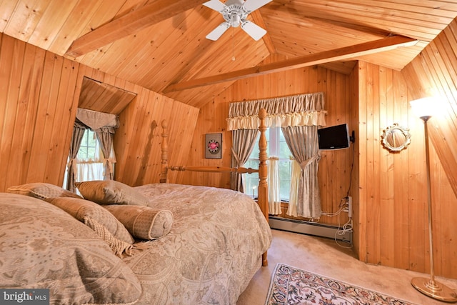 210 Pennsylvania Ave, Mount Gretna, PA 17064 - bedroom featuring a baseboard radiator, wooden walls, carpet flooring, and wood ceiling