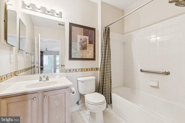 25272 Riffleford Sq Unit 104, Chantilly, VA 20152 - bathroom with shower / bathtub combination with curtain, toilet, vanity, tile patterned floors, and a ceiling fan