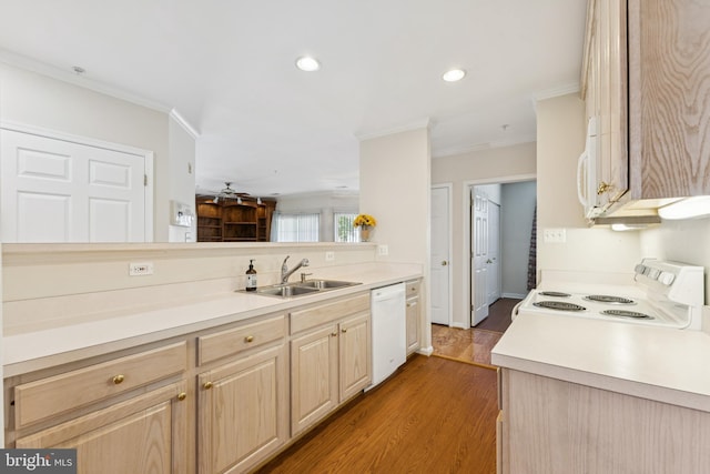 25272 Riffleford Sq Unit 104, Chantilly, VA 20152 - kitchen featuring white appliances, crown molding, light brown cabinetry, light countertops, and a sink
