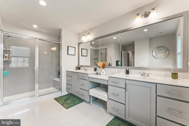 2042 Morgan Creek Dr, Quakertown, PA 18951 - bathroom featuring double vanity, a shower stall, recessed lighting, and tile patterned flooring