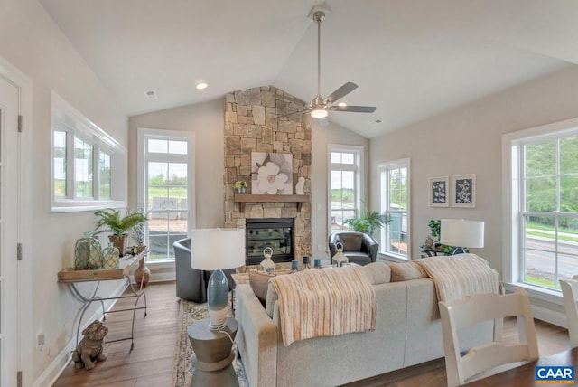 3 Farrow Ter, Charlottesville, VA 22901 - living area featuring a stone fireplace, wood finished floors, ceiling fan, baseboards, and high vaulted ceiling