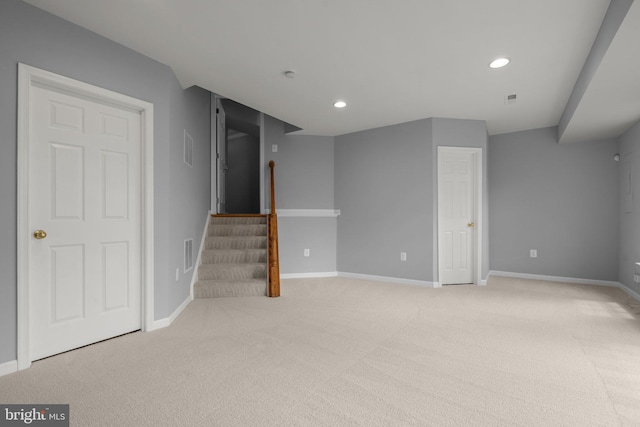 17504 Cajun Ct, Dumfries, VA 22025 - finished below grade area with light carpet, stairway, recessed lighting, and baseboards