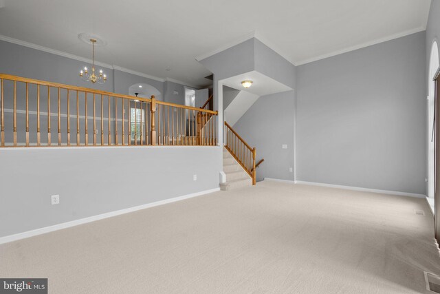 17504 Cajun Ct, Dumfries, VA 22025 - unfurnished living room with carpet, ornamental molding, a chandelier, stairs, and baseboards