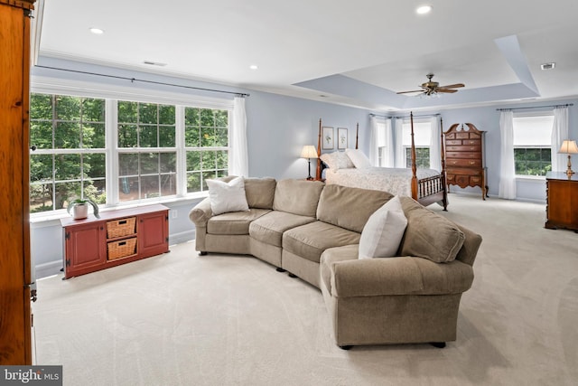 33 Waterview Dr, Pilesgrove, NJ 08098 - living room with light carpet, a ceiling fan, a raised ceiling, baseboards, and recessed lighting