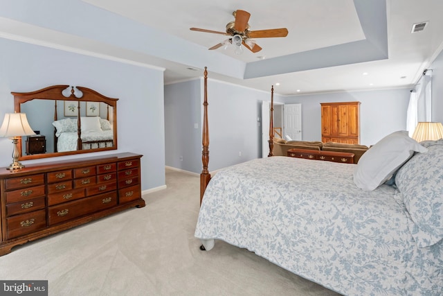 33 Waterview Dr, Pilesgrove, NJ 08098 - bedroom with light carpet, a tray ceiling, baseboards, recessed lighting, and ceiling fan