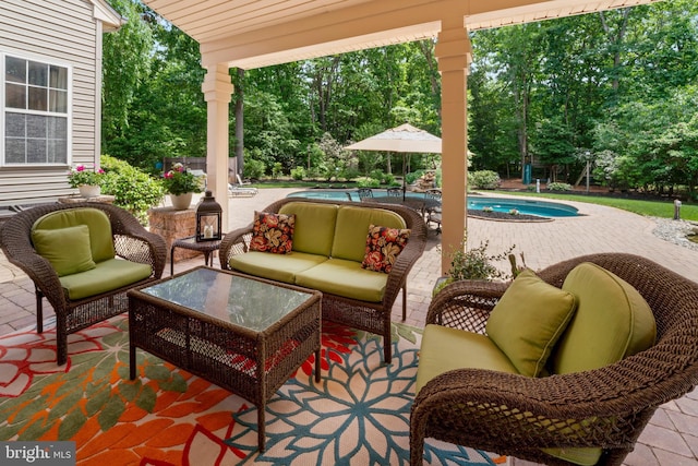 33 Waterview Dr, Pilesgrove, NJ 08098 - view of patio / terrace featuring an outdoor pool, outdoor lounge area, and view of scattered trees