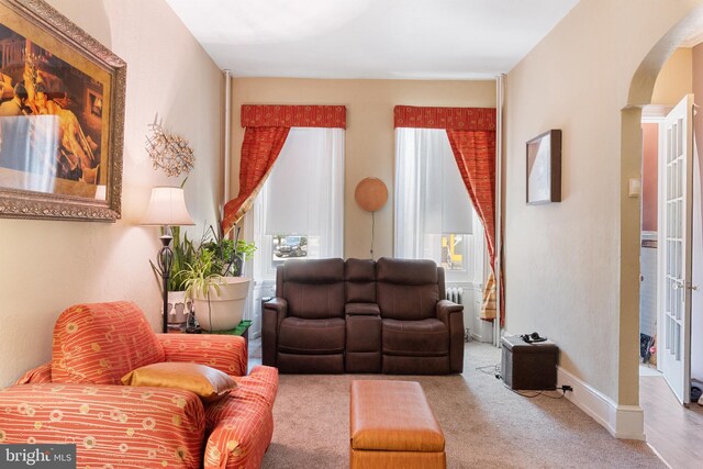1419 Ellsworth St, Philadelphia, PA 19146 - living room featuring arched walkways, carpet, and baseboards