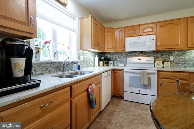 128 Penns Ct, Centre Hall, PA 16828 - kitchen featuring white appliances, a sink, backsplash, light stone countertops, and stone finish flooring