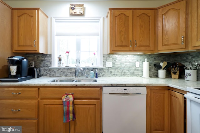128 Penns Ct, Centre Hall, PA 16828 - kitchen featuring white appliances, a sink, backsplash, and light stone countertops