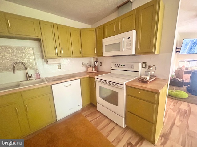 415 Rolly Rd, Mount Jackson, VA 22842 - kitchen with white appliances, a sink, light wood-style flooring, and wood counters