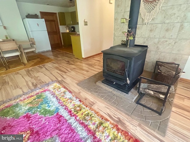 415 Rolly Rd, Mount Jackson, VA 22842 - detailed view of freestanding refrigerator, wood finished floors, a wood stove, and baseboards