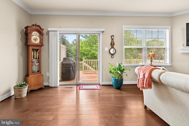 14039 Fox Hill Rd, Sparks, MD 21152 - doorway to outside with ornamental molding, wood finished floors, and baseboards