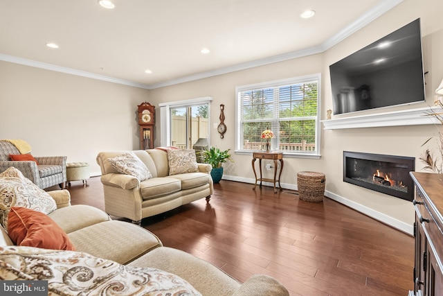 14039 Fox Hill Rd, Sparks, MD 21152 - living room featuring ornamental molding, a glass covered fireplace, recessed lighting, dark wood finished floors, and baseboards