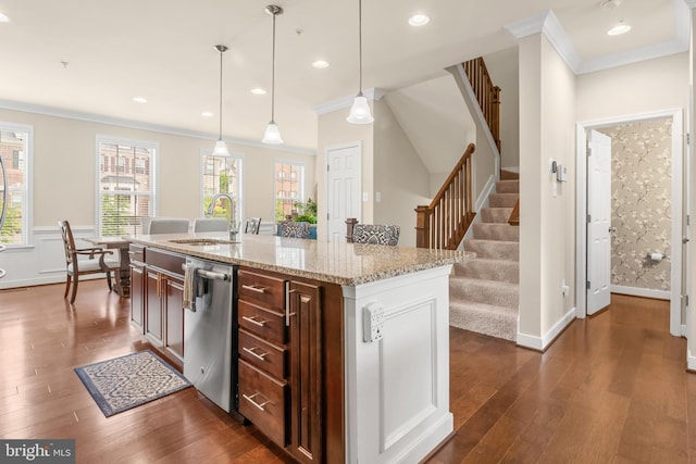 14039 Fox Hill Rd, Sparks, MD 21152 - kitchen featuring dishwasher, crown molding, dark wood-style floors, a sink, and hanging light fixtures