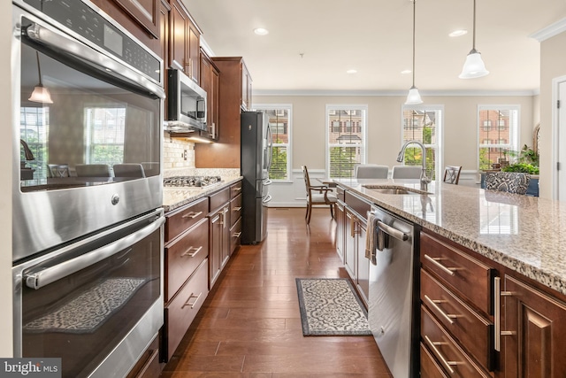 14039 Fox Hill Rd, Sparks, MD 21152 - kitchen with a sink, appliances with stainless steel finishes, ornamental molding, dark wood-style floors, and plenty of natural light