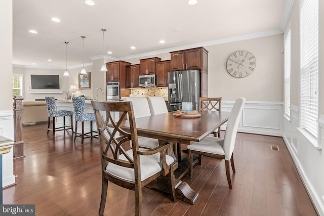 14039 Fox Hill Rd, Sparks, MD 21152 - dining room featuring a wainscoted wall, ornamental molding, dark wood-style flooring, and recessed lighting