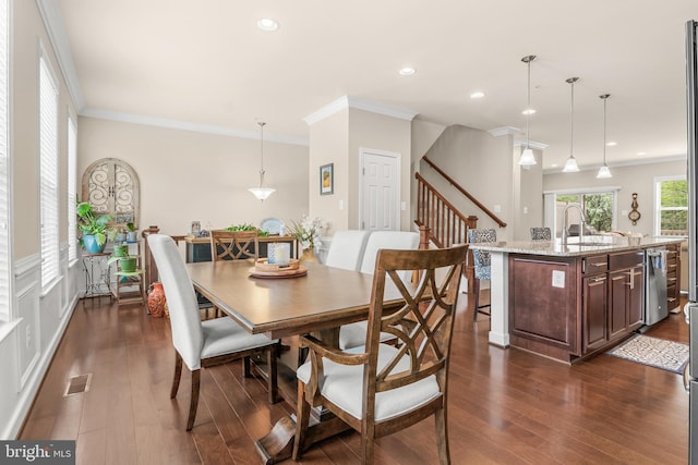 14039 Fox Hill Rd, Sparks, MD 21152 - dining space featuring stairway, ornamental molding, dark wood-style floors, and recessed lighting