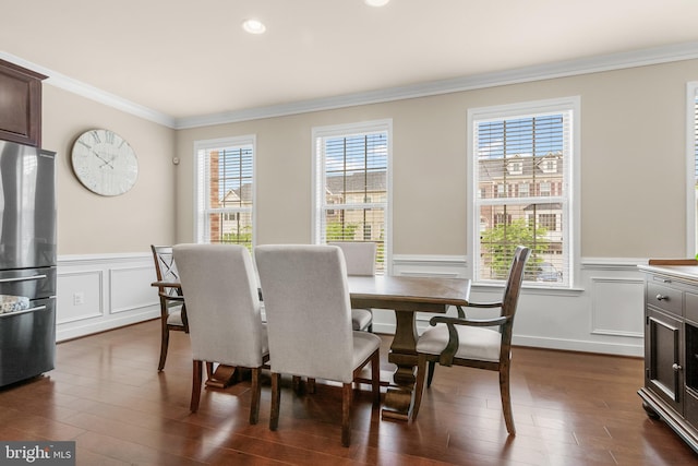 14039 Fox Hill Rd, Sparks, MD 21152 - dining room featuring ornamental molding, dark wood-type flooring, wainscoting, a decorative wall, and recessed lighting
