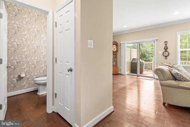 14039 Fox Hill Rd, Sparks, MD 21152 - corridor with ornamental molding, dark wood finished floors, baseboards, and recessed lighting