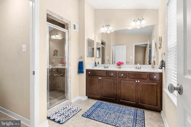 14039 Fox Hill Rd, Sparks, MD 21152 - bathroom with baseboards, double vanity, a shower stall, and tile patterned floors