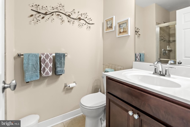 14039 Fox Hill Rd, Sparks, MD 21152 - bathroom featuring toilet, vanity, tile patterned floors, a stall shower, and baseboards