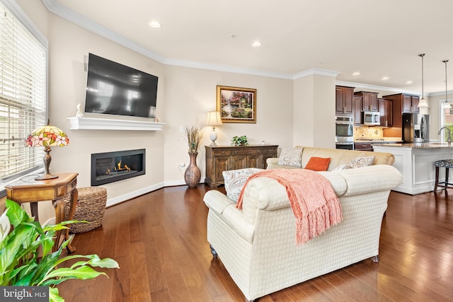 14039 Fox Hill Rd, Sparks, MD 21152 - living area with crown molding, a glass covered fireplace, dark wood-style floors, recessed lighting, and baseboards