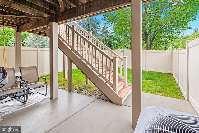 14039 Fox Hill Rd, Sparks, MD 21152 - fenced backyard featuring a patio, central AC unit, and stairway