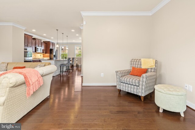 14039 Fox Hill Rd, Sparks, MD 21152 - living area featuring ornamental molding, dark wood finished floors, recessed lighting, and baseboards