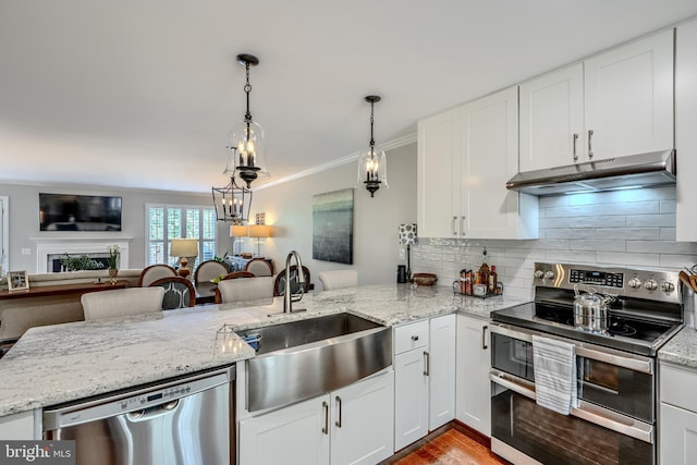 11920 Mays Chapel Rd, Lutherville Timonium, MD 21093 - kitchen featuring stainless steel appliances, a sink, under cabinet range hood, a peninsula, and white cabinetry