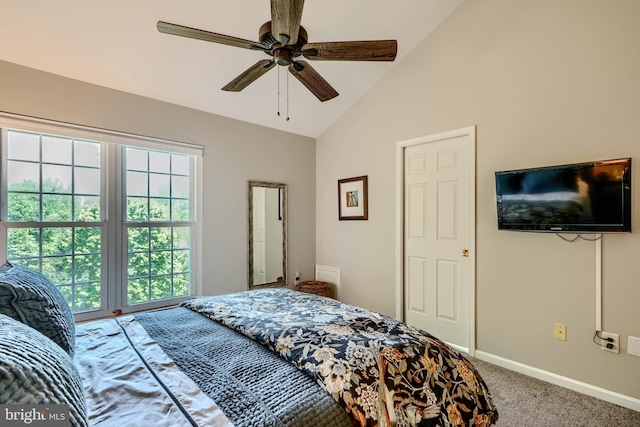 11920 Mays Chapel Rd, Lutherville Timonium, MD 21093 - bedroom with light carpet, baseboards, ceiling fan, and high vaulted ceiling