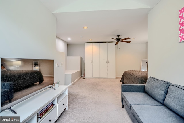 11920 Mays Chapel Rd, Lutherville Timonium, MD 21093 - living area with light carpet, a ceiling fan, recessed lighting, and baseboards