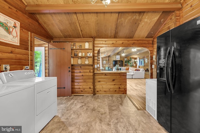 11621 Deadwood Dr, Lusby, MD 20657 - washroom featuring wooden ceiling, independent washer and dryer, and log walls
