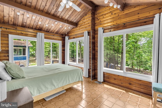 11621 Deadwood Dr, Lusby, MD 20657 - bedroom with multiple windows, rustic walls, and wooden ceiling