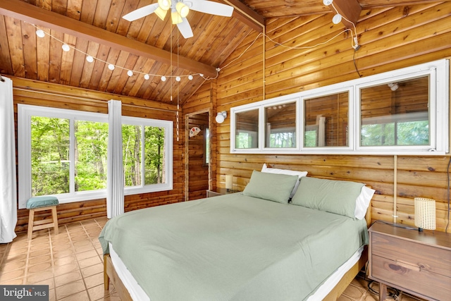 11621 Deadwood Dr, Lusby, MD 20657 - bedroom with wooden ceiling, log walls, and light tile patterned floors