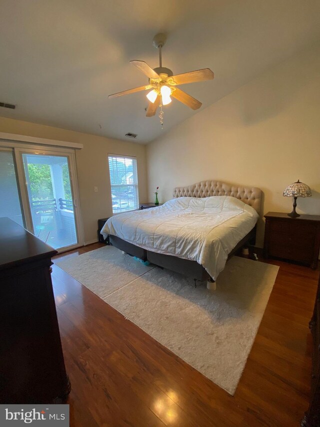 600 Moonglow Rd Unit 302, Odenton, MD 21113 - bedroom featuring access to exterior, dark wood finished floors, vaulted ceiling, and ceiling fan