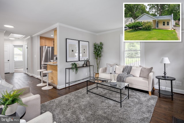 609 Eldrid Dr, Silver Spring, MD 20904 - living room with crown molding, baseboards, dark wood finished floors, attic access, and recessed lighting