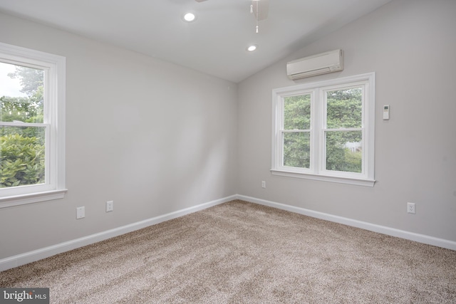 609 Eldrid Dr, Silver Spring, MD 20904 - carpeted empty room featuring a wall unit AC, lofted ceiling, ceiling fan, baseboards, and recessed lighting