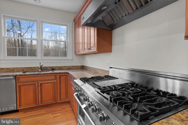 14603 Turner Wootton Pkwy, Upper Marlboro, MD 20774 - kitchen with appliances with stainless steel finishes, a sink, extractor fan, brown cabinets, and light wood-style flooring
