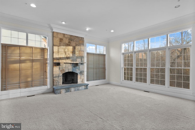 14603 Turner Wootton Pkwy, Upper Marlboro, MD 20774 - unfurnished living room featuring ornamental molding, carpet floors, a fireplace, recessed lighting, and baseboards