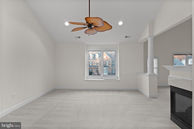 14603 Turner Wootton Pkwy, Upper Marlboro, MD 20774 - unfurnished living room with healthy amount of natural light, light carpet, a ceiling fan, lofted ceiling, and a multi sided fireplace