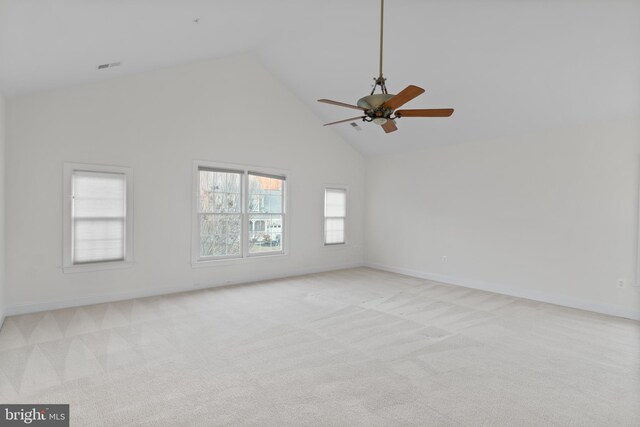 14603 Turner Wootton Pkwy, Upper Marlboro, MD 20774 - empty room with high vaulted ceiling, ceiling fan, light colored carpet, and baseboards