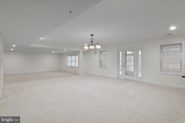 14603 Turner Wootton Pkwy, Upper Marlboro, MD 20774 - unfurnished room with recessed lighting, baseboards, a pendent fire sprinkler, a chandelier, and light carpet